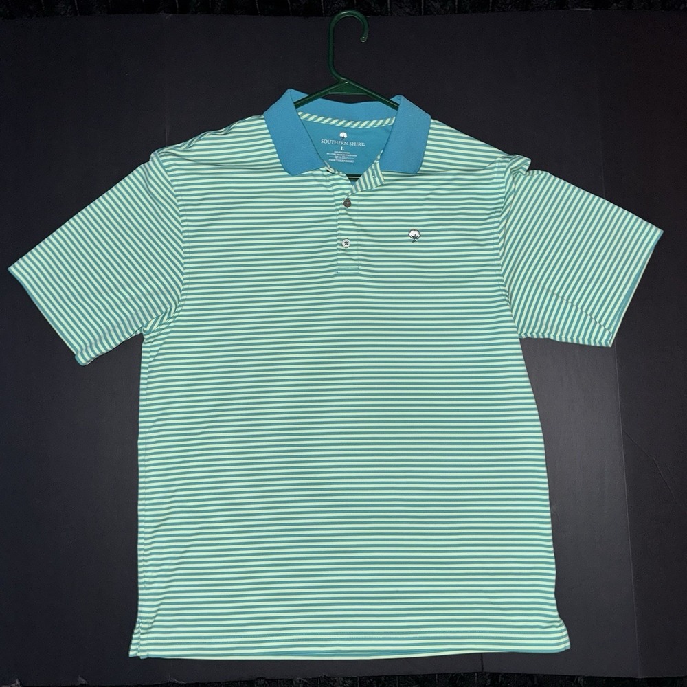 Men's Large Southern Shirt Polo Shirt Green Blue White Striped Short Sleeve Logo